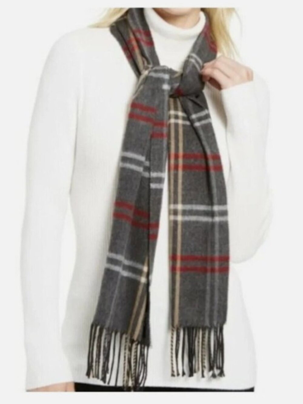 Steve Madden Fringed Charcoal Scarf with Red & Brown Checks - NWT
